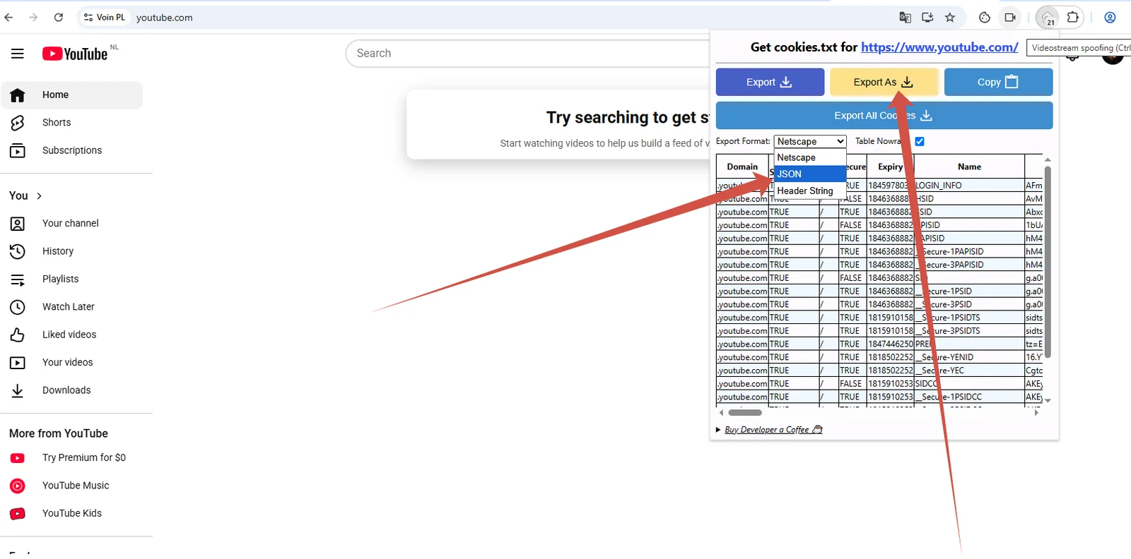 Export cookies as JSON